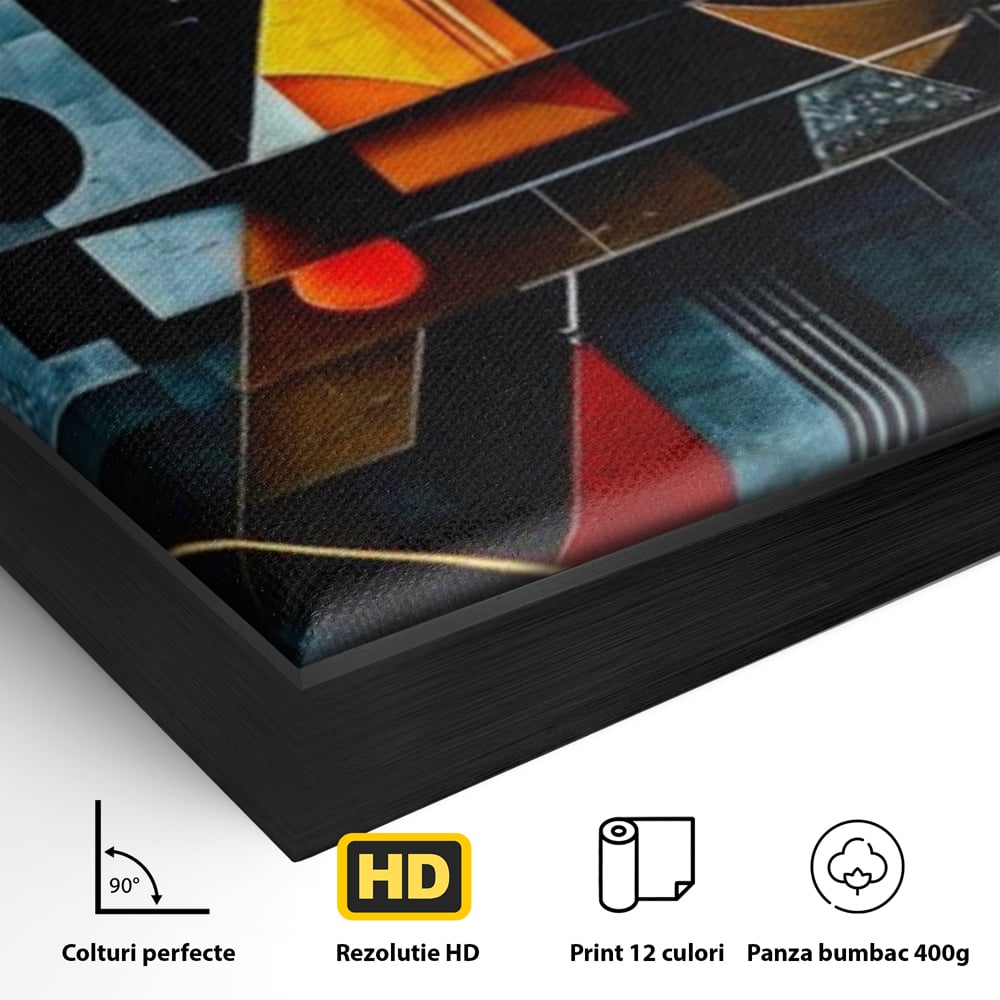 Detaliu al suprafetei: pictura abstracta cu forme geometrice, in rama de aluminiu negru
